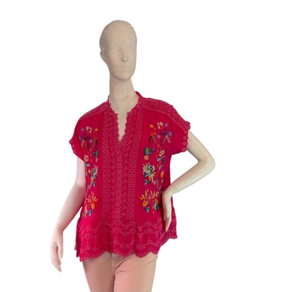 Johnny Was Astrud Blouse Bright Pink Embroidered Eyelet Trim $280 Size S
